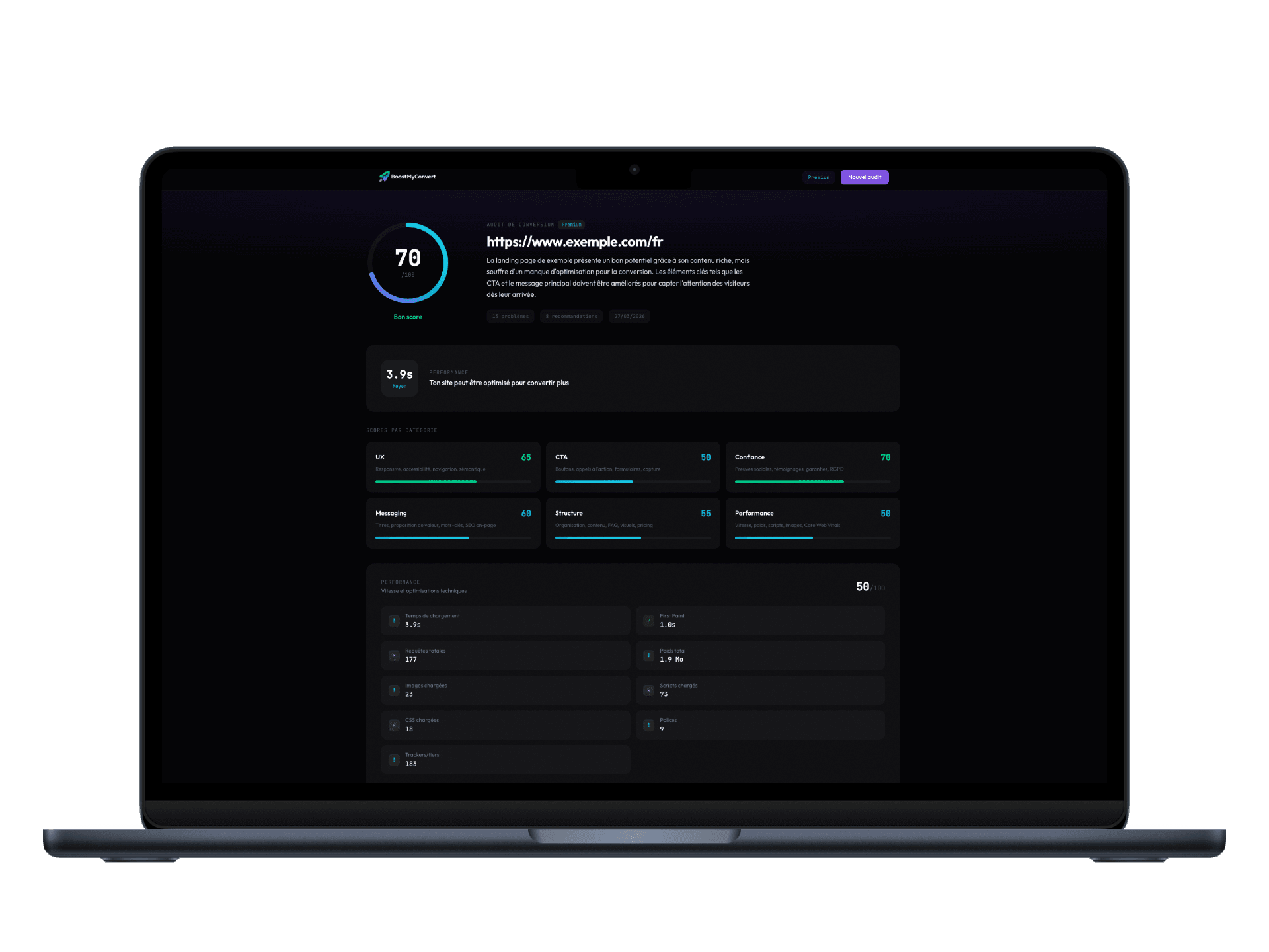 Aperçu de l'audit de conversion BoostMyConvert — score, problèmes détectés, recommandations